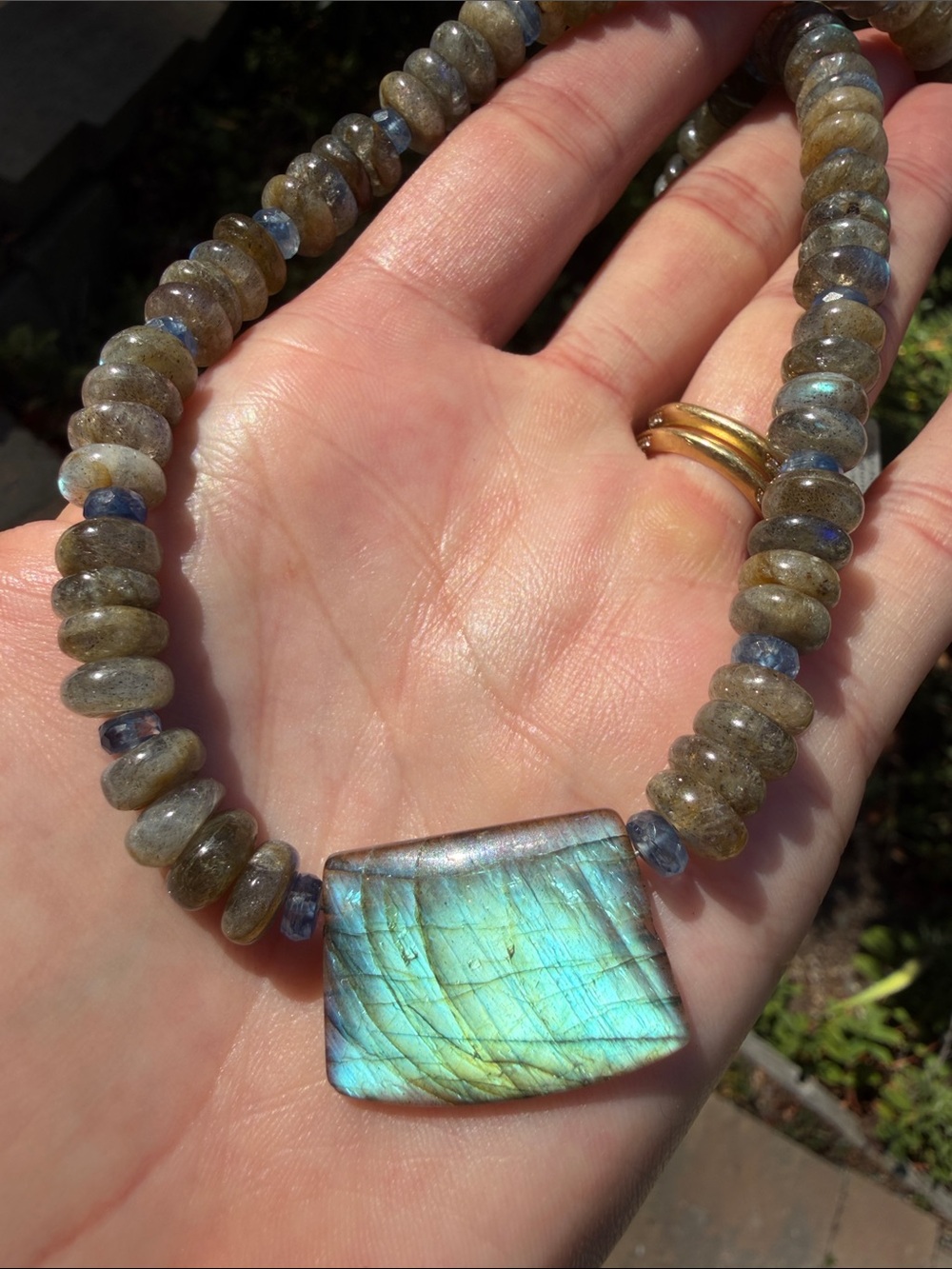 Labradorite & Blue Kyanite Beaded Necklace gorgeous flash!